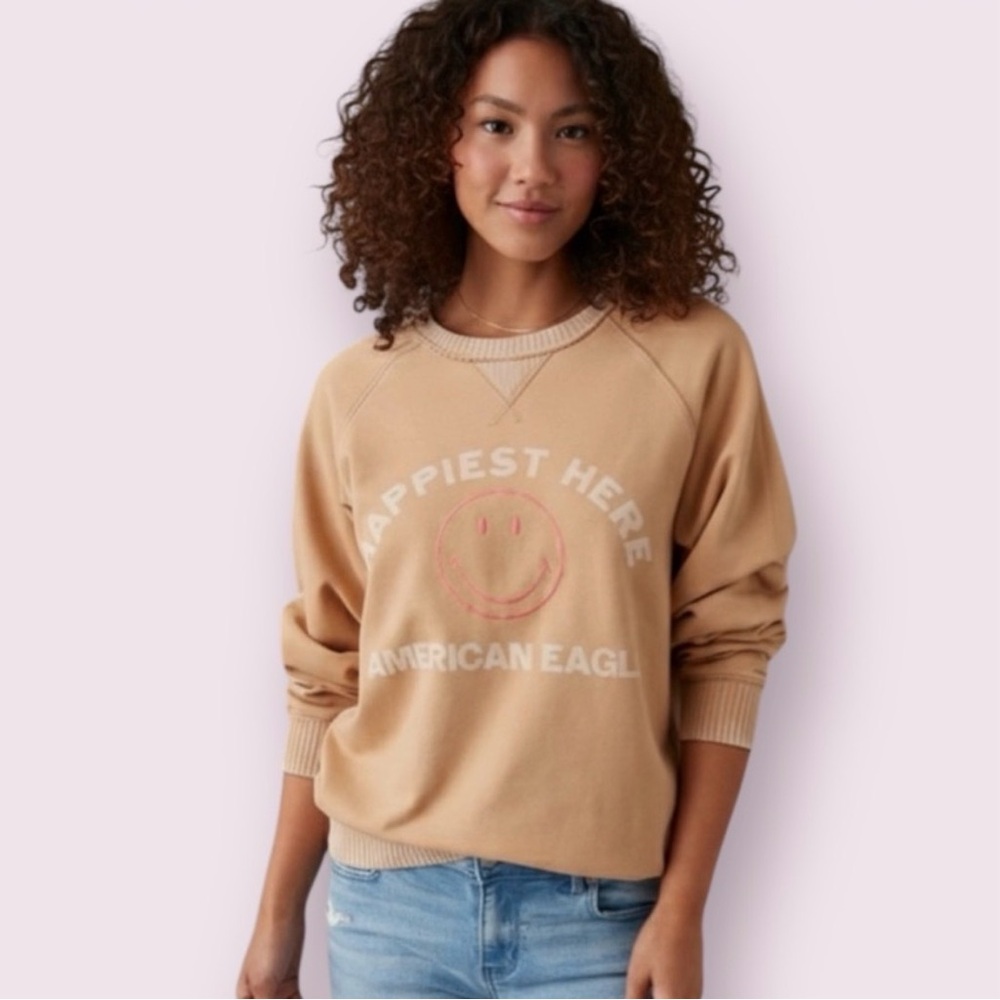 NWT American Eagle Tan 'Happiest Here' Smiley Sweatshirt size XS
